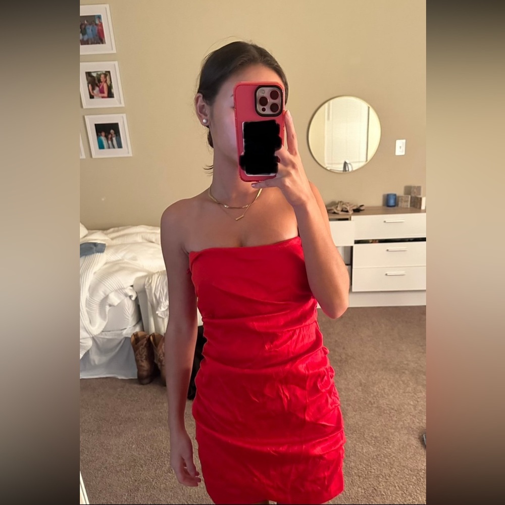 Zara strapless red satin mini dress